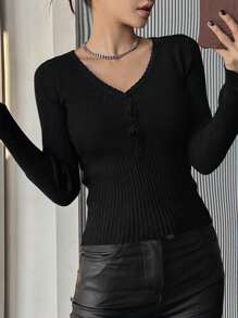 DAZY Kardigan z dzianiny w jednolitym kolorze, dekolt w serek, dopasowany dla kobiet