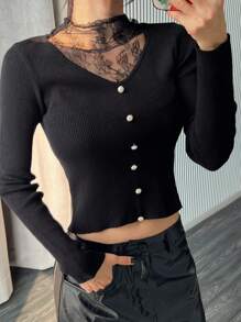 DAZY Autumn New Slim Fit Lace Patchwork Women Sweater - Black - View 7