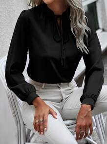 EMERY ROSE Simple Solid Color Puff Sleeve Shirt, Casual Autumn Fall Cloth For Women - Black - View 6