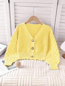 SHEIN 少女栗色纯色休闲甜美舒适柔软简约保暖百搭优雅开衫毛衣，适合居家、外出、日常穿着、派对、秋冬季节穿着。 - 黃色 - 查看 1