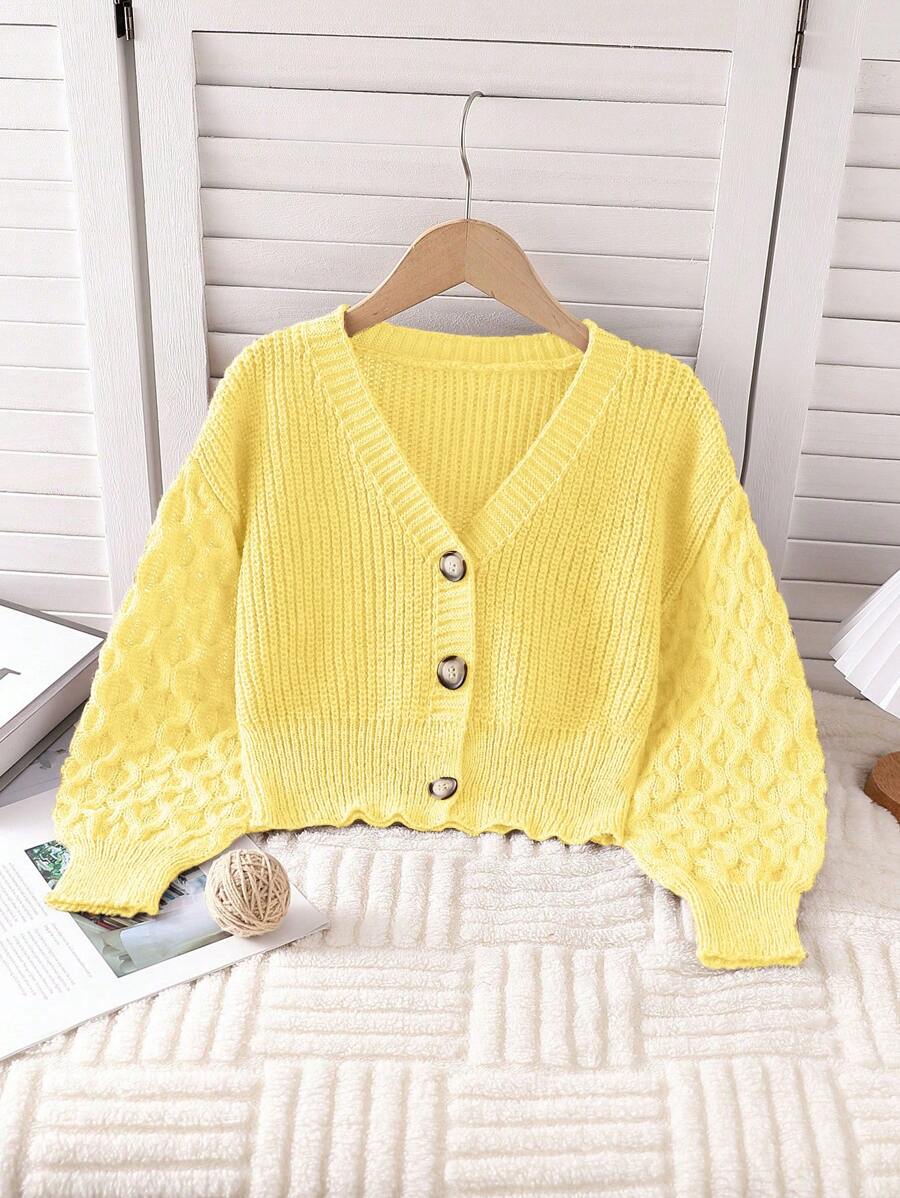 SHEIN 少女栗色纯色休闲甜美舒适柔软简约保暖百搭优雅开衫毛衣，适合居家、外出、日常穿着、派对、秋冬季节穿着。 - 黃色 - 查看 1