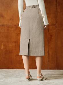 MOTF PREMIUM Rok Lurus Bermotif Grafis Mutiara Imitasi dari Wol - Coklat - View 8