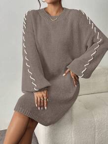 Chiquease Mock Necked Casual And Slouchy Women's Sweater Dress With Button Rope Design - Khaki - View 5