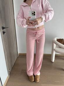 CovetEZ Low-Waist Striped Brushed Long Pants With Drawstring Waist, Yoga & Loungewear, Suitable For Spring & Autumn