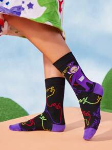 Teletubbies X SHEIN 4 Pairs Women Cartoon Character Pattern Color Block Long Socks Crew Socks,Reinforced Toe And Heel, Suitable For All Seasons, Unisex,Men,Women, Graphics Socks - Multicolor - View 8