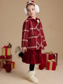 PrepCrw 秋冬季年轻女孩领口红色格子蝴蝶结装饰编织修身开衫