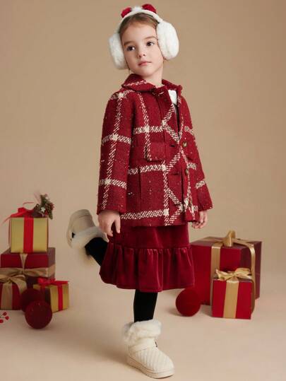 PrepCrw 秋冬季年轻女孩领口红色格子蝴蝶结装饰编织修身开衫