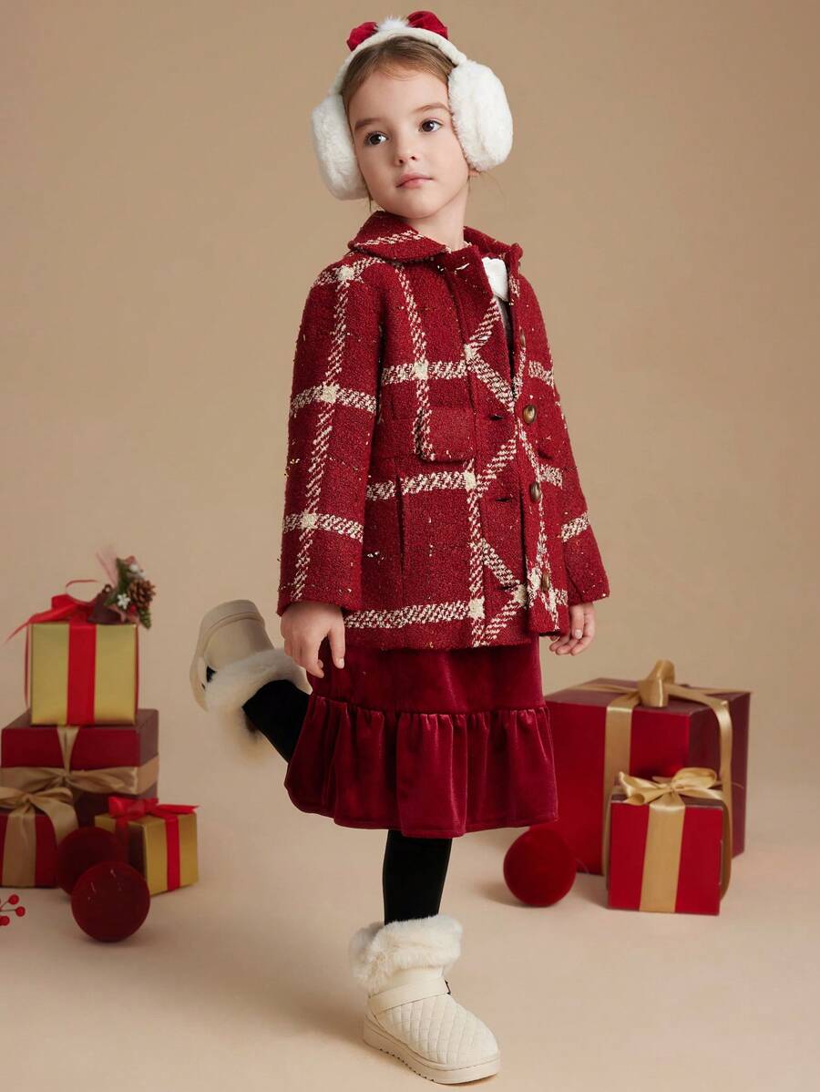 PrepCrw 秋冬季年轻女孩领口红色格子蝴蝶结装饰编织修身开衫