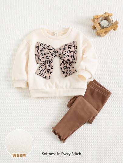 Cozy Pixies Baby Girl 3D Bow Decor Rund Hals Drop Shoulder Sweatshirt Och Full Längd Byxor 2 Delar Set