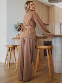 RueChic Women's Solid Color Drop Shoulder Long Sleeve Open Front Jacket And Pants Casual Loose 2 Piece Set - Camel - View 2