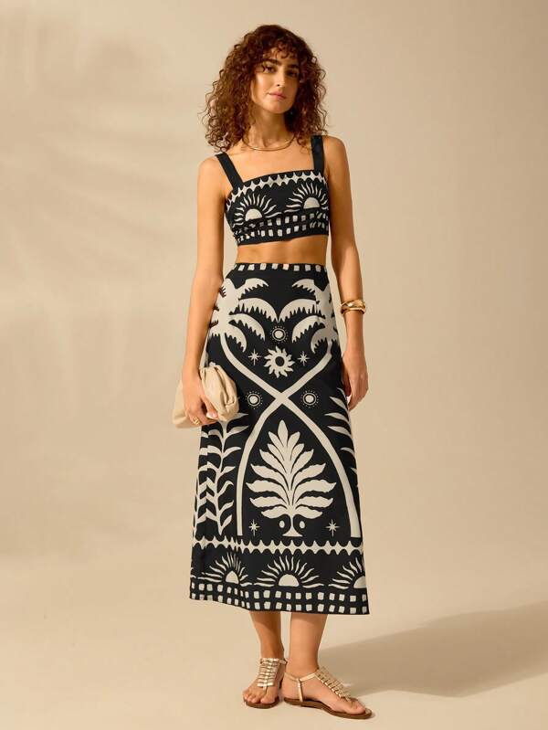 CAJUNI 2 piezas Conjunto casual tropical bohemio de verano para mujer: top camiseta corta con estampado de sol y árbol de coco y falda larga ajustada