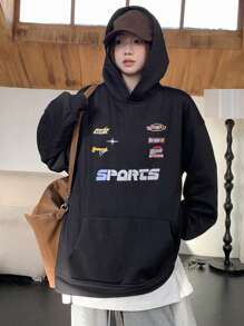 DAZY 女式字母印花针织连帽衫，秋装运动衫 - 黑色 - 查看 1