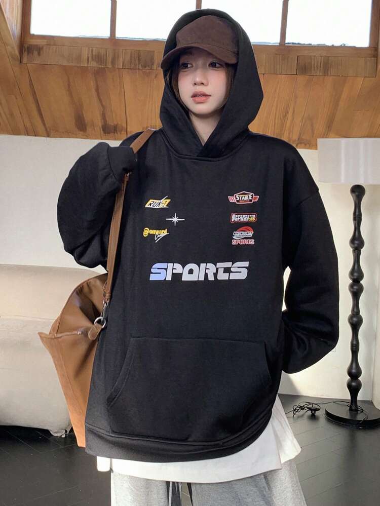 Women's Knitted Hoodie With Letter Print,Fall Clothes Sweatshirt