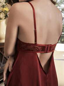 Charlaine Canotta donna con contrasto in pizzo e scollo a V aperto, camicia da notte sexy - Bordò - Visualizzare 6