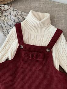 SHEIN LMoss Kids LMoss Baby Girl Cute Burgundy Corduroy Overall Dress