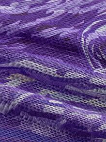 SHEIN MOD Mock Neck Marble Print Mesh Crop Blue Long Sleeve See-Through Starry Sky Top - Purple - View 4