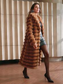 Anewsta 仿皮草长款大衣，时尚女士皮草外套，秋冬 - 鏽棕色 - 查看 7