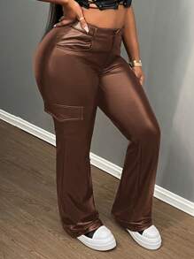 Slaydiva Nuevo esencial para fiestas de San Valentín, Navidad y Año Nuevo - Pantalones de carga de unicolor de piel sintética elástica y de cintura alta, versátiles y sexys para mujeres - Marrón - Ver 4