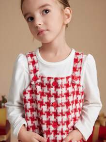 PrepCrw 年轻女孩学院风红色千鸟格编织修身前扣无袖连衣裙，秋冬/圣诞节 - 紅色 - 查看 8