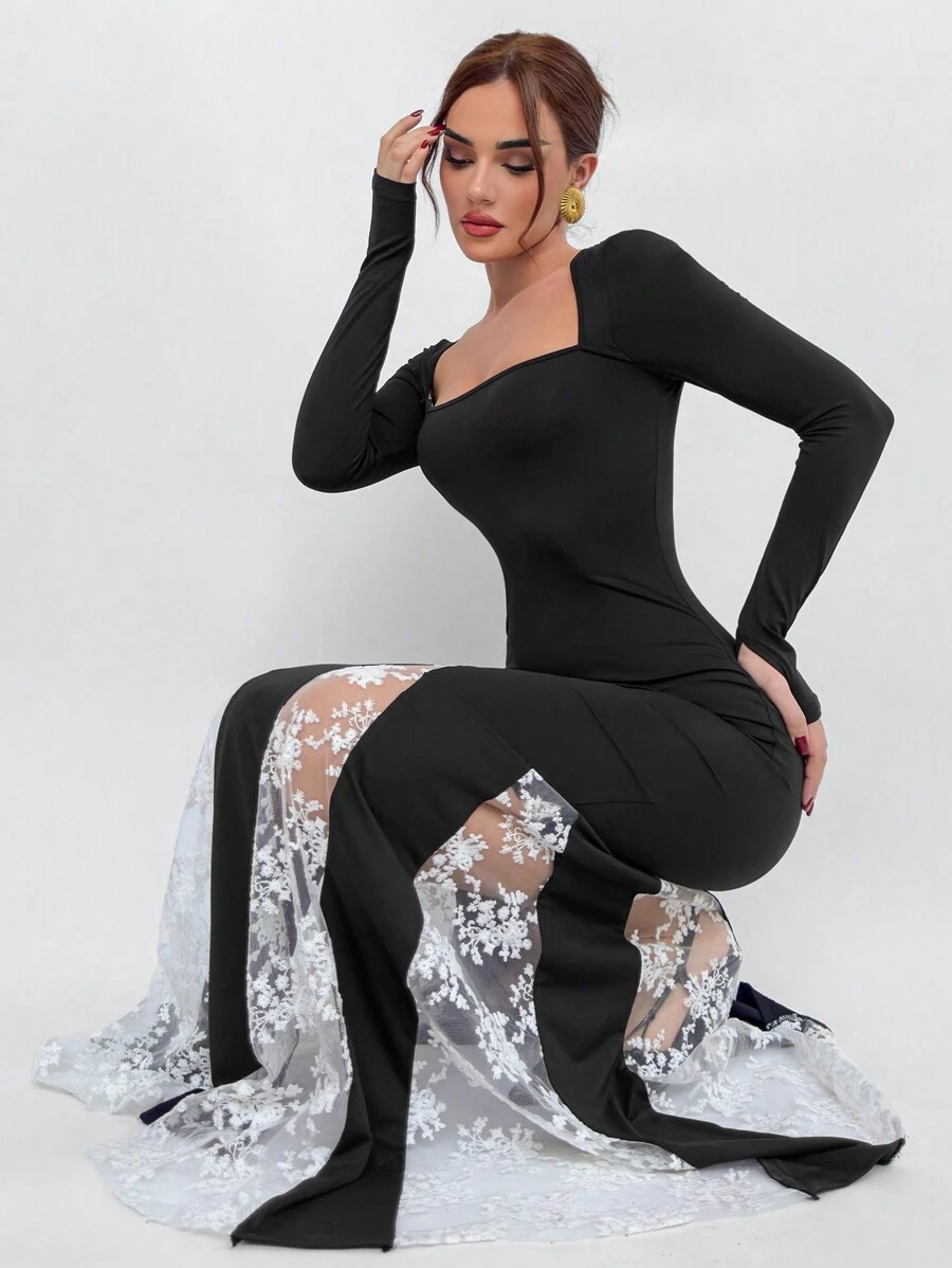 Aloruh Black Fishtail Patchwork Knit Dress, Casual & Stylish For Everyday Wear