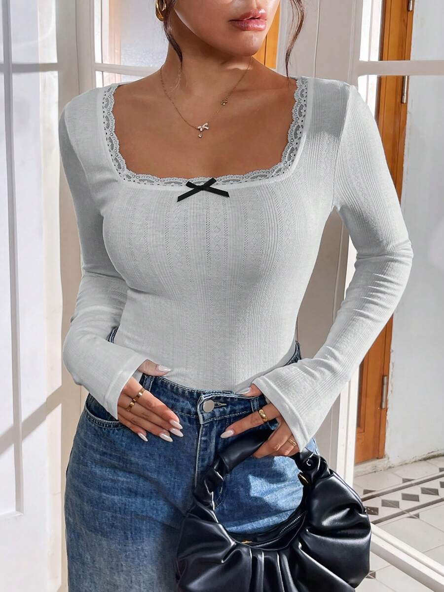 SHEIN Essnce Women's Spring/Summer Solid Color Lace Panel Bow Decor Slim Fit Elegant Long Sleeve T-Shirt, Long Sleeve T-Shirt, Top,Lace,Tops With Sleeves - Light Grey - View 1