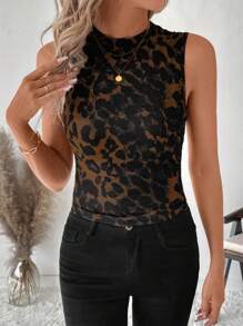 SHEIN Clasi Women's Shiny Leopard Print Tank Top, Autumn/Winter - Silver - View 4