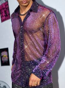 Manfinity Fever City 男士针织休闲宽松长袖衬衫，派对亮片衬衫闪光衬衫闪光衬衫闪光衬衫男士亮片衬衫 - 銀色 - 查看 3