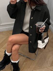 SHEIN EZwear Áo khoác ngoài dài tay màu đen, cài khuy đơn giản cho nữ vào mùa thu/đông - màu đen - Xem 1