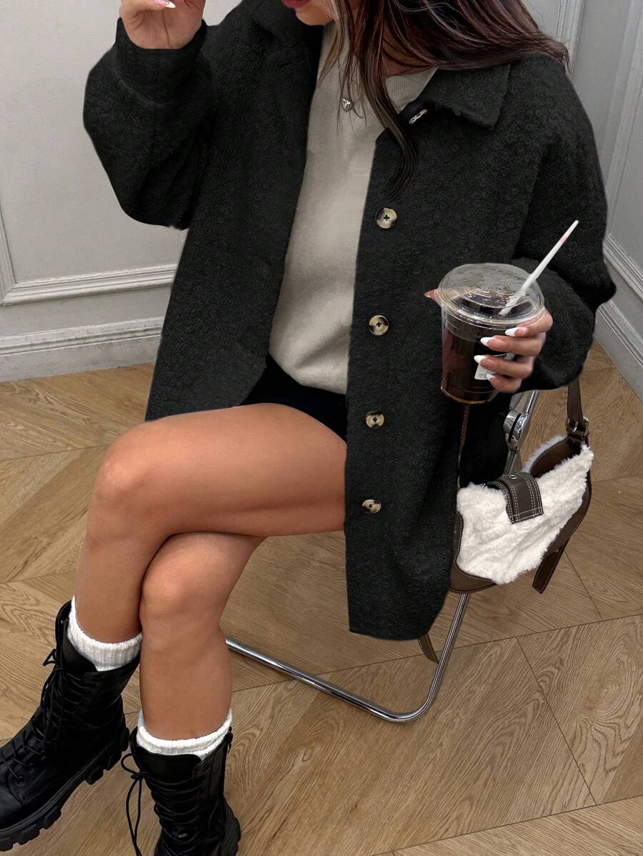 SHEIN EZwear Áo khoác ngoài dài tay màu đen, cài khuy đơn giản cho nữ vào mùa thu/đông - màu đen - Xem 1