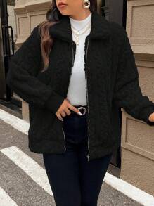 SHEIN Frenchy Plus Size Women's Casual Simple Fluffy Long Sleeve Jacket,Winter Clothes - Black - View 12