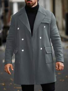 Manfinity Homme Men's Solid Color Turn-Down Collar Double-Breasted Casual Overcoat For Autumn/Winter - Grey - View 4