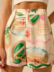 CAJUNI 女士 A 字夏季波西米亚风热带印花休闲海滩度假宽松短裤 - 彩色 - 查看 5