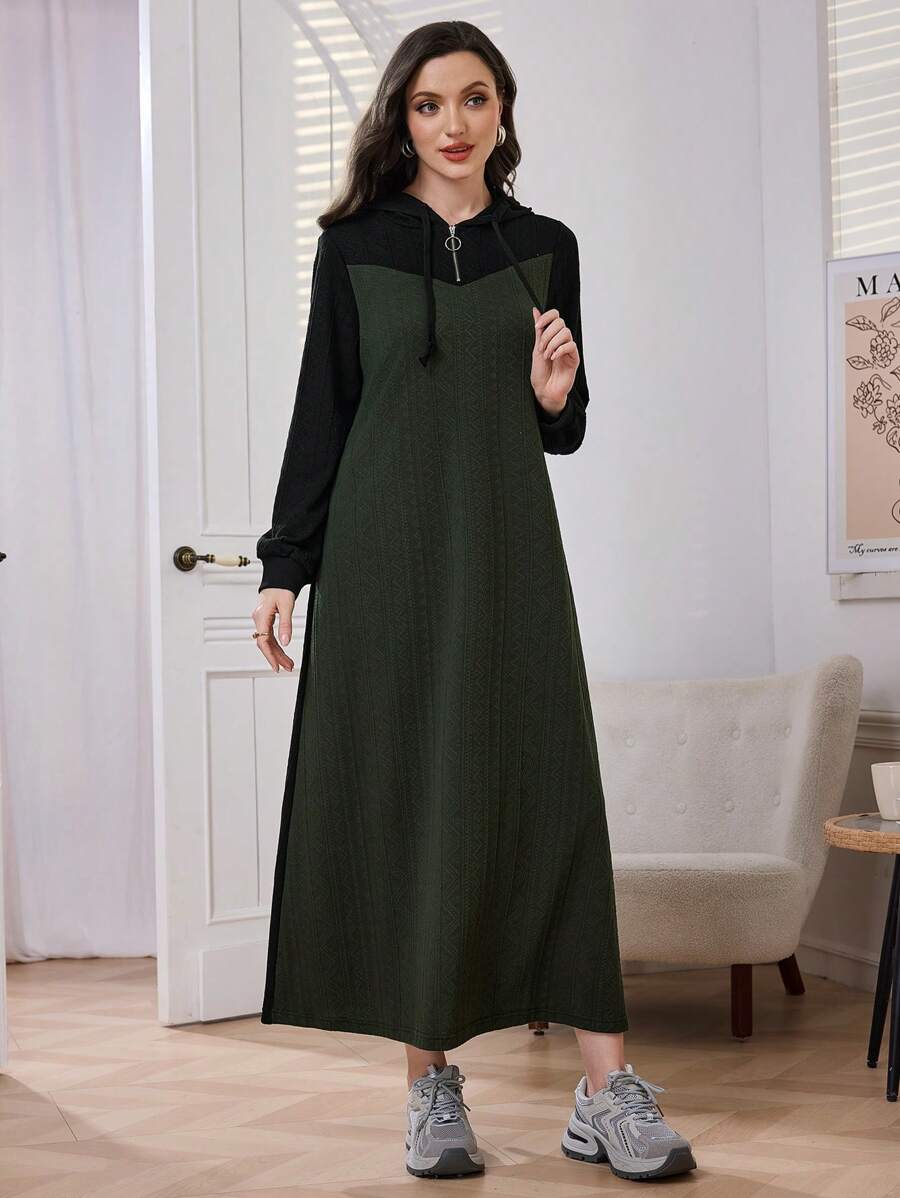 Mulvari Women Casual Contrast Color Half Zip Up Drawstring Hooded Sweatshirt Dress Pullover Fall Outfit - Black - View 1