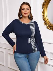 SHEIN Clasi 黑白对比千鸟格复古优雅长袖弹性针织曲线修身 T 恤，大码女款