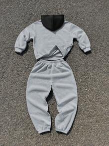 SHEIN 2pcs Tween Boys' Loose Fit Colorblock Hooded Sweatshirt & Jogger Pants Set - Multicolor - View 2