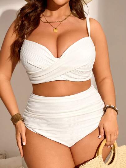 Swim Lushoire Summer Beach Plus Size Solid Color Gathered Tankini Bikini Swimwear Set