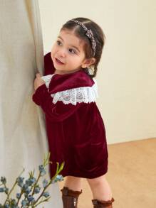 SHEIN LMoss Kids LMoss Baby Girls Autumn Elegant Stretchy Velvet & Contrast Lace Peter Pan Collar Dress For Christmas - Burgundy - View 8