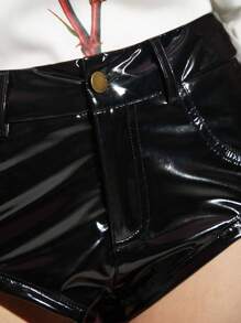 NO NAME Designer Women's Low Waist Wide Waistband Sexy Buckle Detail Black PU Western Shorts, For Holiday, Spring & Summer, Festival - Black - View 4