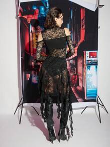 NO NAME Designer Women's Black Mesh Sexy Lace High Slit Asymmetric Ruffle Hem Stand Collar Party Mini Dress, Holiday Outfit, Birthday Outfits, Festival, Prom Dress - Black - View 2