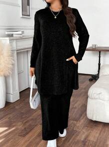 Calvaya 大码 2 件套休闲纯色开叉长袖上衣和裤子，秋季 - 黑色 - 查看 3