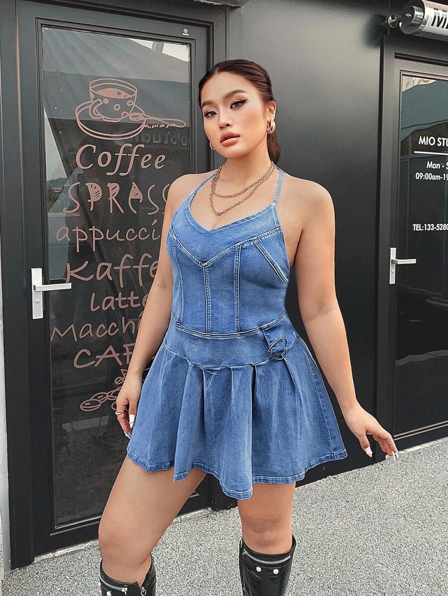 SHEIN ICON Fashionable Casual Spaghetti Strap Pleated Jumpsuit, Stretchy Bodycon Design For Everyday Wear - Light Wash - View 1