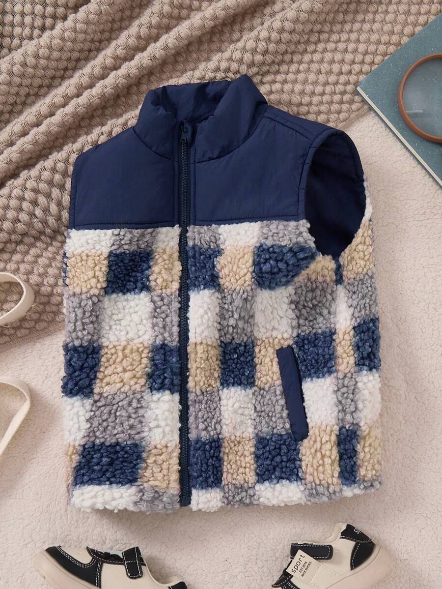 PrepCrw Young Boys' Fall/Winter School Style Navy Blue Plaid Woven Fabric Patched Knit Fabric Windbreaker Vest For Back-To-School Season