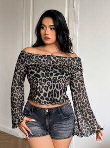 SHEIN EZwear Plus Size Women Leopard Mesh Print Off Shoulder Sheer Flare Sleeve Body Con T-Shirt - Grey - View 3