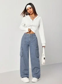 SHEIN EZwear Quần Jeans Cargo Ống Thẳng Ôm Lưng Thấp Cho Nữ, Màu Xanh - Màu xanh lam - Xem 3