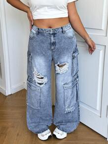 SHEIN EZwear بنطلون جينز أزرق واسع مستقيم الساق مقاسات كبيرة ، كاجوال