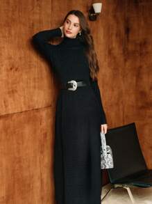 MOTF PREMIUM SOLID HIGH NECK FLARE HEM SWEATER DRESS WITH BUCKLE BELT