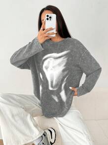 SHEIN EZwear Stir-Fried Acid-Washed Women's Long Sleeve Round Neck T-Shirt