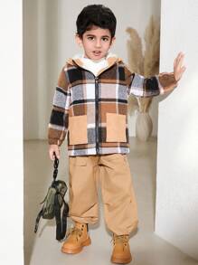SHEIN Young Boy Plaid Print Hooded Zip-Up Pockets Casual Long Sleeve Jacket - Khaki - View 4