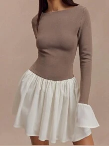 SHEIN Essnce Casual Women's Knit And Linen Mini Dress - Smoke & Ivory Fall/Winter Dress Bachelorette Dress Y2k Dress Fall/Winter Color Block Round Neck Long Sleeve Pleated Simple Casual Short Dress Women Dresses Black Lantern Dress Hem Dress /Flower Bud Hem/Ruffle/Birthday Outfit/Bubbl Thanksgiving Mini Dress