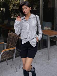 DAZY Casual Spring/Summer Striped Loose Long Sleeve Lapel Collar Blouse For Women,Fall Clothes Preppy Tops - White - View 6